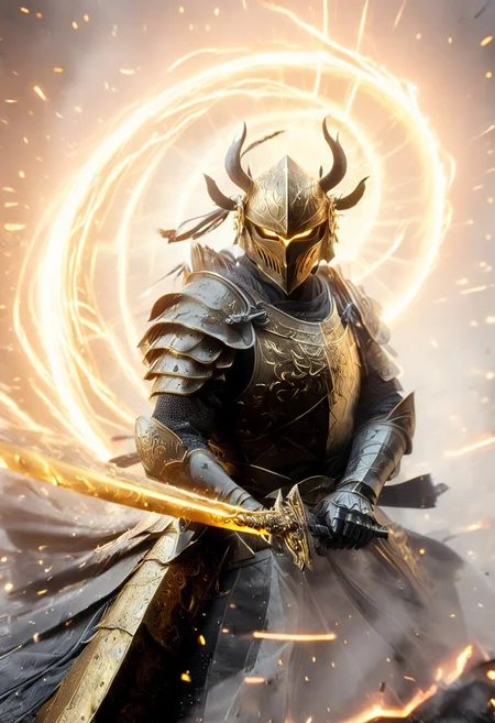 1man, armored samurai in golden samurai armor, wearing samurai helmet and armor,  golden fire, wielding dual swords:1.2, brave perspective, reflection, glowing golden fire, golden lightning shatter, , glowing sword, motion blur, emphasis line, outdoor in the darkness, looking at viewer, katanas