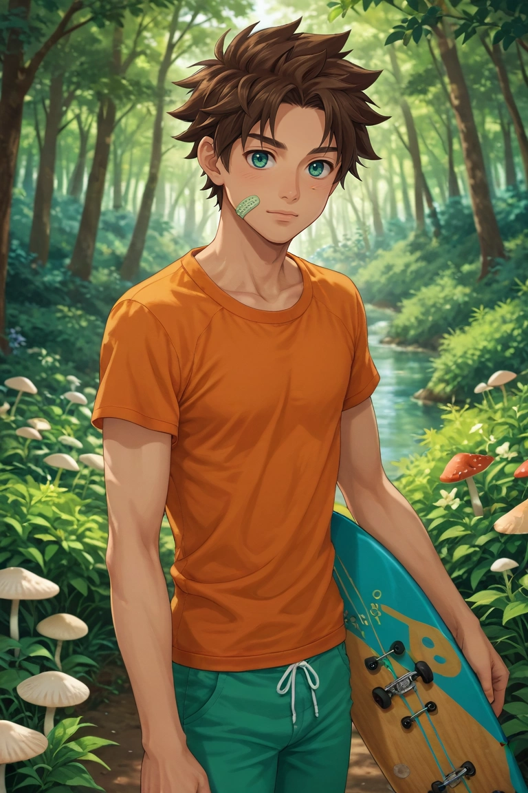 score_9, score_8_up, score_7_up, source_anime, rating_safe, , , , depth of field, 1boy, solo, male focus, <lora:keitaro_nagame_pony:0.94>, keitaro_nagame, brown hair, green eyes, short hair, bandaid on face, , fairy market, mushroom stalls, light wares, flower paths, shopping pose, delighted expression, twilight, male Aging gracefully Sculpted, Native Hawaiian, Turquoise eyes, Narrow Nose, Round Chin, Chiseled Jaw, Sloping Forehead, , Dirty Blonde Long textured comb-over hair, Guilt, wearing Snowboard pants, Suede Chartreuse Muscle tank, , ,, Arms wrapped around oneself, indicating self-comfort, <lora:sdxl_lightning_8step_lora:1>