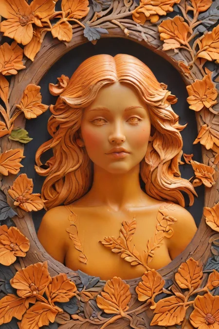 zPDXLxxx,score_9,score_8_up,score_7_up,score_6_up,score_5_up,score_4_up,<lora:Turbo_XL:1>,<lora:wooden_carved_bas-relief:1>,(wood carving, wooden carved bas-relief, wooden texture, glossy, lacquered:1),the color palette is dark in colors of orange and yellow,(upper body, portriet:1.3),frame,butterfly,flowers,leafy,, maximum details
