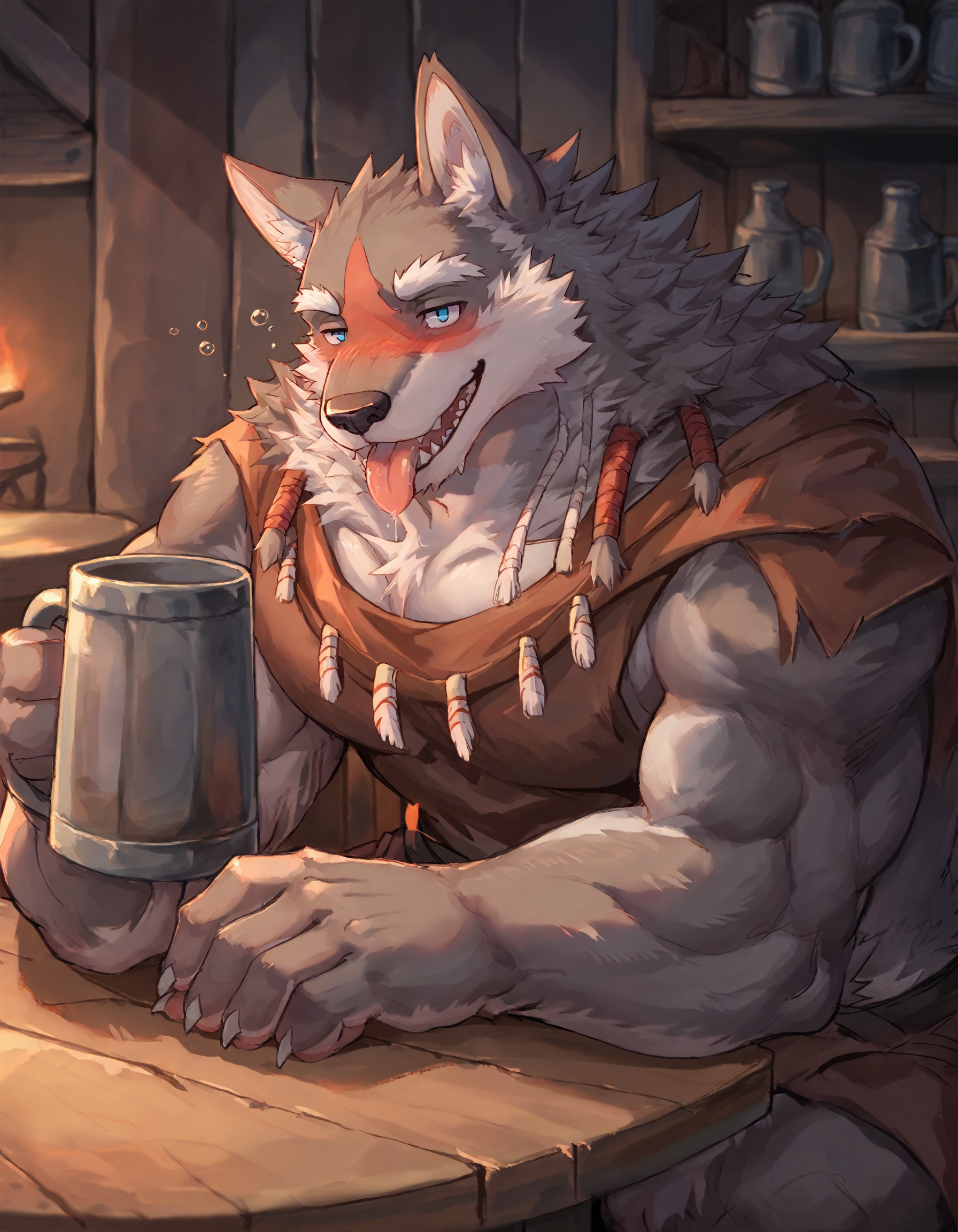 score_9, score_8_up, score_7_up, rating_safe, source_furry, detailed, detailed background, 2D, solo, BREAK   Eyv1ndXL, bara, solo, anthro, body fur, male, blue eyes, fur, tail, furry, clothed, tribal clothing, tavern, sitting at table, ale, tankard, smile, drunk, tongue out,  embedding:zPDXL3,   <lora:Eyvind_-_Tavern_of_Spear_-_PonyXL.safetensors:1.0>,
