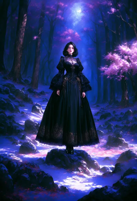 Gothic style masterpiece,high score,great score,absurdres,  ., a statue of a man standing on top of a rock in the woods with trees around it and snow on the ground [23],, <lora:br3k1ngd0un:1>,(br3k1ngd0un, realistic, Clarice Beckett, international gothic, dark shadows),, cherry blossoms [2], <lora:Haut3C0t0ur3V01:0.6>, (haut3c0t0ur3v01, style, haut3c0t0ur3, Alexander McQueen, fantastically gaudy),, green nails [2], Luxury, Gold, silver, black, purple . Dark, mysterious, haunting, dramatic, ornate, detailed