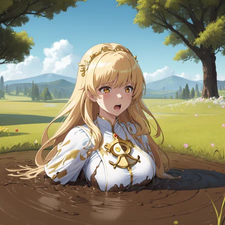 masterpiece, best quality, digital art, deviantart, 1girl, golden hair, large breasts, white dress, gold ornaments, priestess, green grass, hills in the distance, trees, flowers, blue sky, partially submerged, brown mud, mud bog, sticky mud, scared, worried, screaming, close up, upper body shot