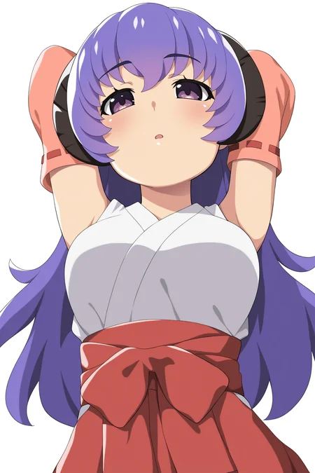 higurashimei, 1girl, hanyuu, solo, horns, medium breasts, purple eyes, purple hair, long hair, ((simple background, white background)), japanese clothes, miko, skirt, hakama, hakama skirt, red detached sleeves, red hakama, blush, looking at viewer, upper body, 
(atmospheric perspective), 
(masterpiece, best quality, absurdres, highres, newest, very awa:1.2), 