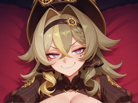 1girl, 
Vill-V, Honkai Impact 
playful  pose, 
smug, very aroused, 
 <lora:DarkfireStyle17:1.25>
