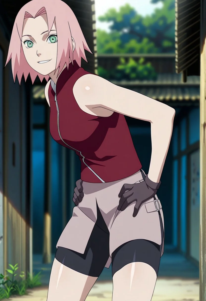 source_anime, masterpiece, best quality, amazing quality, anime screencap, high quality, 8k, absurdres, official style, 1girl, solo, <lora:Sakura_Haruno_iL:1>, 54kur4 h4run0, pink hair, green eyes, short hair, no headband,looking at viewer, shiny skin, 1girl, perfect face, (adult), sleeveless, red shirt, bike shorts, shorts, black gloves,
hands on hips, smile, standing, sexy, looking at viewer, toned, athletic, toned ass, thighs, toned thighs, thick thighs, wide hips, toned body, voluptuous, curvy body, detailed face, detailed skin, detailed hands, anime screencap, medium boobs, breasts, nipples, score_9, score_8_up, score_7_up, score_6_up, rating_explicit, nsfw, very detailed, highly detailed texture, (highly detailed face, (perfect face, perfect eyes)), depth of field, perfect soft lighting, best shadows, perfect reflections, volumetric, detailed image, high resolution, 5k resolution:1.0, 1girl, solo, gorgeous, looking at viewer, close up