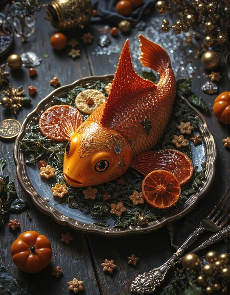 Magikarp pokemon lies on dinner plate <lora:flux.1_lora_flyway_Epic-detail_v2:0.8> <lora:Elden_Ring_-_Yoshitaka_Amano:0.5> <lora:anhei_first_flux_lora_v1:0.7> anhei