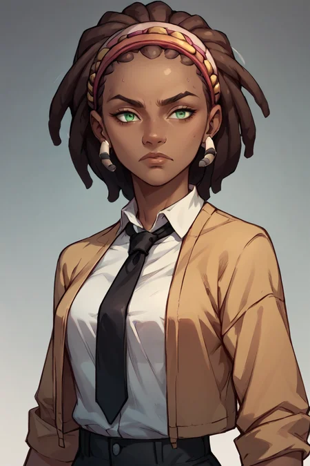score_9, score_8_up, score_7_up, score_6_up, <lora:Sasha_TFTBL_PonyV1.1:0.8> sashatftb, green eyes, brown hair, dark skin, 1girl, jewelry, earrings, dark-skinned female, hairband, dreadlocks, shirt, white collared shirt,black necktie,black coat, black pants, shirt tucked in