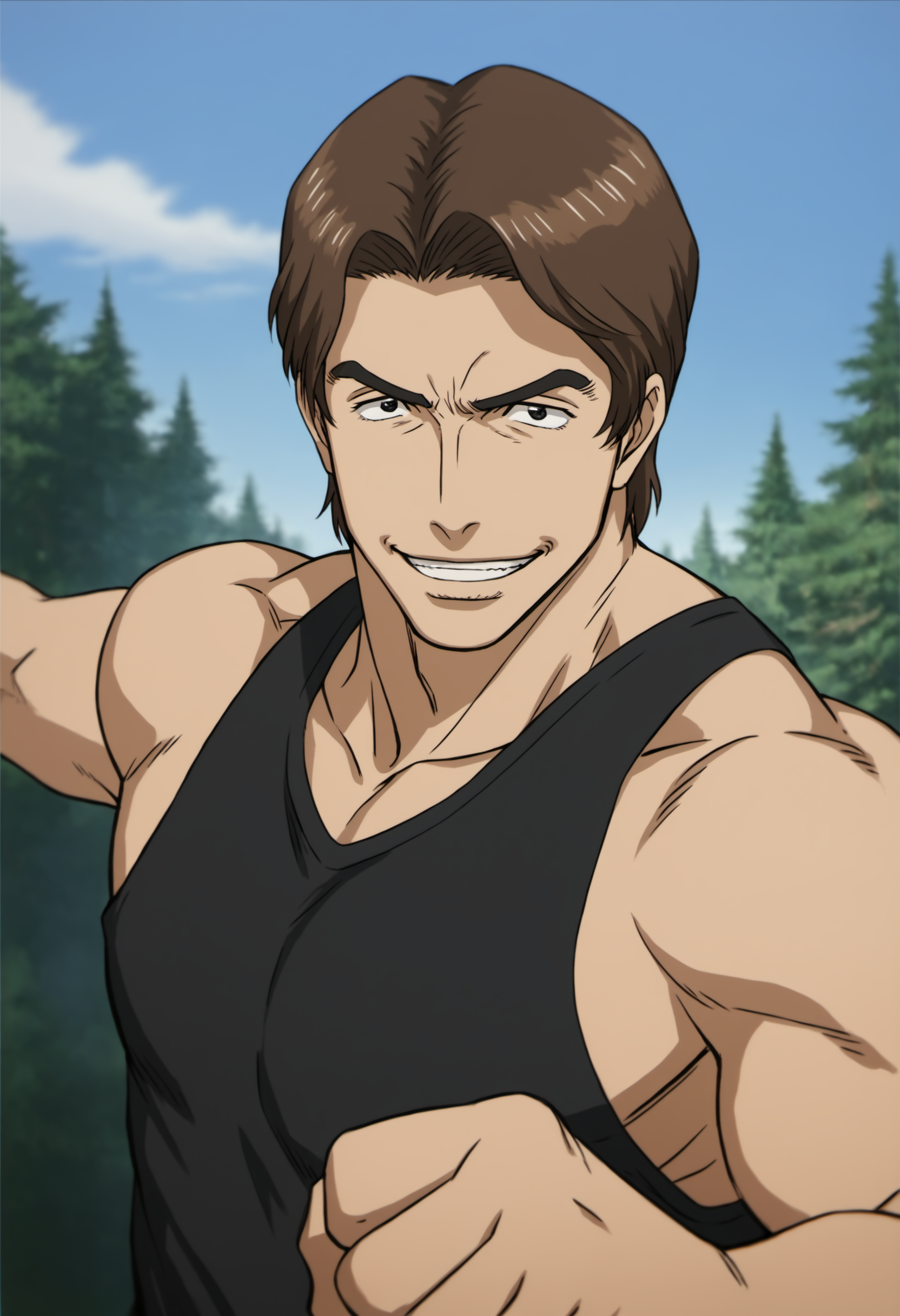 1boy, miki_kiseijuu,  brown hair, black eyes. black tanktop, score_8_up, score_7_up, score_6_up, score_9, a muscular man at forest, , sunny, sky, standing, (manly),face_focus, mddle-age man, muscular,stocky body,,looking at viewer, detailed eyes, 8k uhd, high quality, standing, punch, open arms, evil_grin, bust, fist