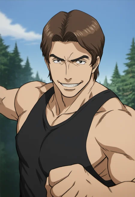 1boy, miki_kiseijuu,  brown hair, black eyes. black tanktop, score_8_up, score_7_up, score_6_up, score_9, a muscular man at forest, , sunny, sky, standing, (manly),face_focus, mddle-age man, muscular,stocky body,,looking at viewer, detailed eyes, 8k uhd, high quality, standing, punch, open arms, evil_grin, bust, fist