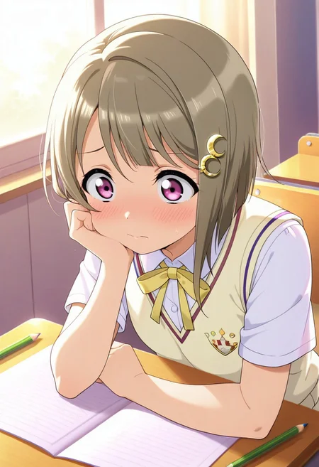 masterpiece,best quality,amazing quality,nakasu kasumi, grey-brown hair, short hair, light magenta eyes, 1girl, crescent hair ornament, hair ornament, crescent, school uniform, solo, desk, summer uniform, blush, pencil, asymmetrical hair