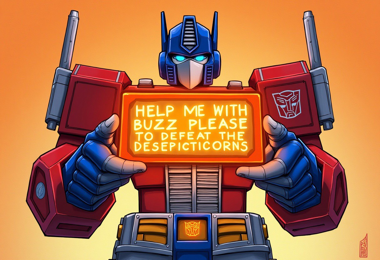 masterpiece, highres ,no human face, no humans, blue eyes, mecha,solo, detailed manga illustration,volumetric lighting, best quality, intricate details ,OptimusPrime G1,Metallic skin,red skin,blue leg,Optimus Prime,optimus prime with a transparent orange technological hologram sign in his hands that says,"help me with buzz please to defeat the desepticons" in bright letters, technological base in the background with a futuristic computer, background color is orange,g1 style,front view,full body,1boy,autobot,blue hands,red arms,hand pointing at the viewer, looking at viewer