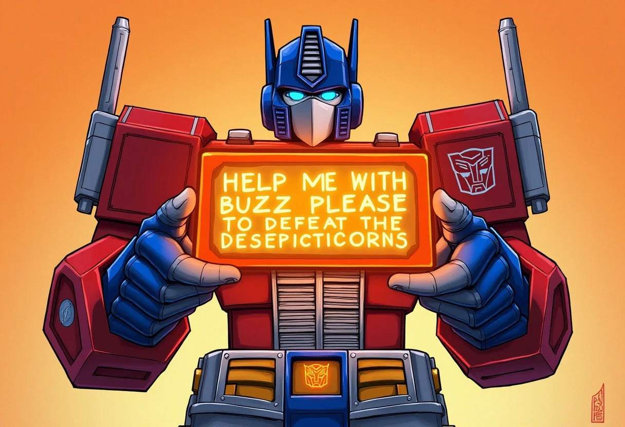 masterpiece, highres ,no human face, no humans, blue eyes, mecha,solo, detailed manga illustration,volumetric lighting, best quality, intricate details ,OptimusPrime G1,Metallic skin,red skin,blue leg,Optimus Prime,optimus prime with a transparent orange technological hologram sign in his hands that says,"help me with buzz please to defeat the desepticons" in bright letters, technological base in the background with a futuristic computer, background color is orange,g1 style,front view,full body,1boy,autobot,blue hands,red arms,hand pointing at the viewer, looking at viewer