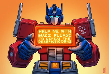 masterpiece, highres ,no human face, no humans, blue eyes, mecha,solo, detailed manga illustration,volumetric lighting, best quality, intricate details ,OptimusPrime G1,Metallic skin,red skin,blue leg,Optimus Prime,optimus prime with a transparent orange technological hologram sign in his hands that says,"help me with buzz please to defeat the desepticons" in bright letters, technological base in the background with a futuristic computer, background color is orange,g1 style,front view,full body,1boy,autobot,blue hands,red arms,hand pointing at the viewer, looking at viewer