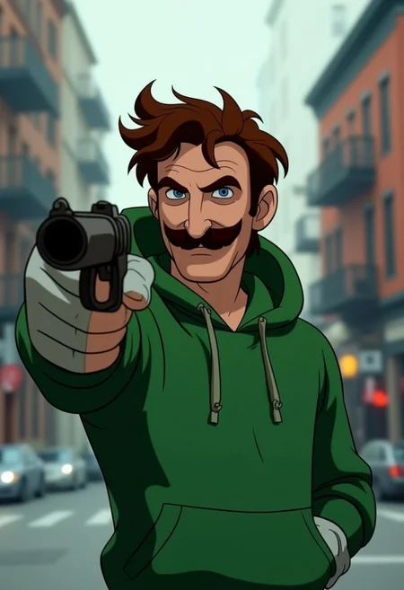 Disney anime of Luigi from Nintendo's Super Mario Bros in Disney Morph Disney style, Luigi stands outdoors wearing his faded green hoodie with the hood up with curly brown hair, a large nose and moustache is partially visible under his green hoodie, his hands are layered with striped gray fingerless gloves, Luigi points a silenced pistol, a gun equipped with a silencer in the direction of the viewer, giving off a threatening demeanor. The setting is urban in new york,
The words "Deny", "depose", and "delay" feature in the image