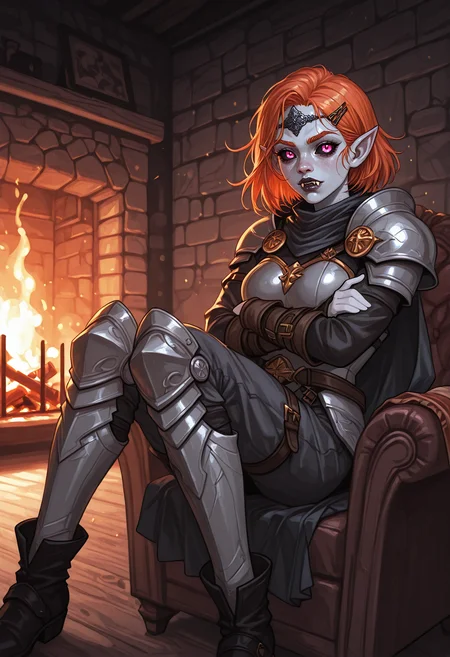 IllustriousQual BREAK realistic, ambient occlusion, ray tracing, (dynamic angle:1.2), (cowboy shot) BREAK 1girl, solo, <lora:Orc:0.5> half orc, (fangs), pointed ears, black sclera, (tusks), muscular female, orange hair, bob and fringe hair with hairclip, pink eyes, (light grey skin:1.2), buff body, medium breasts, perfect hands, dark lips, (joyful), eyes narrowing BREAK paladin, wearing fur-trimmed dark burgundy hide side cape, polished fur-trimmed (detailed steel plate armor cuirass, long jumpsuit), neckerchief, wrist cuffs, layered sleeves, schynbald, deep maroon accents, holy symbol, prayer shawl, underbust, dark teal leather armor ankle boots, iron dragon_scale diadem, <lora:Advanced_Class_Collection_-_Sword_Saint:0.5> BREAK fantasy, indoors, urban tavern, (grey stone walls), wood floors, urban furniture, fireplace, tall windows,, reclining, sitting, knees together feet apart , crossed arms, on chair, spring, afternoon, cool hard light, <lora:reij-va:0.6> reoj-va, blue vibrant grading, volumetric lighting BREAK <lora:reij-rt:0.6> <lora:semirealistics:0.6> semi-realism, <lora:4rc4n3XLP:0.6> 4rc4n3, <lora:PixelstyleIL:0.6> JedpxIL, pixel style <lora:GBF_Illustrious:0.6> gbf_style