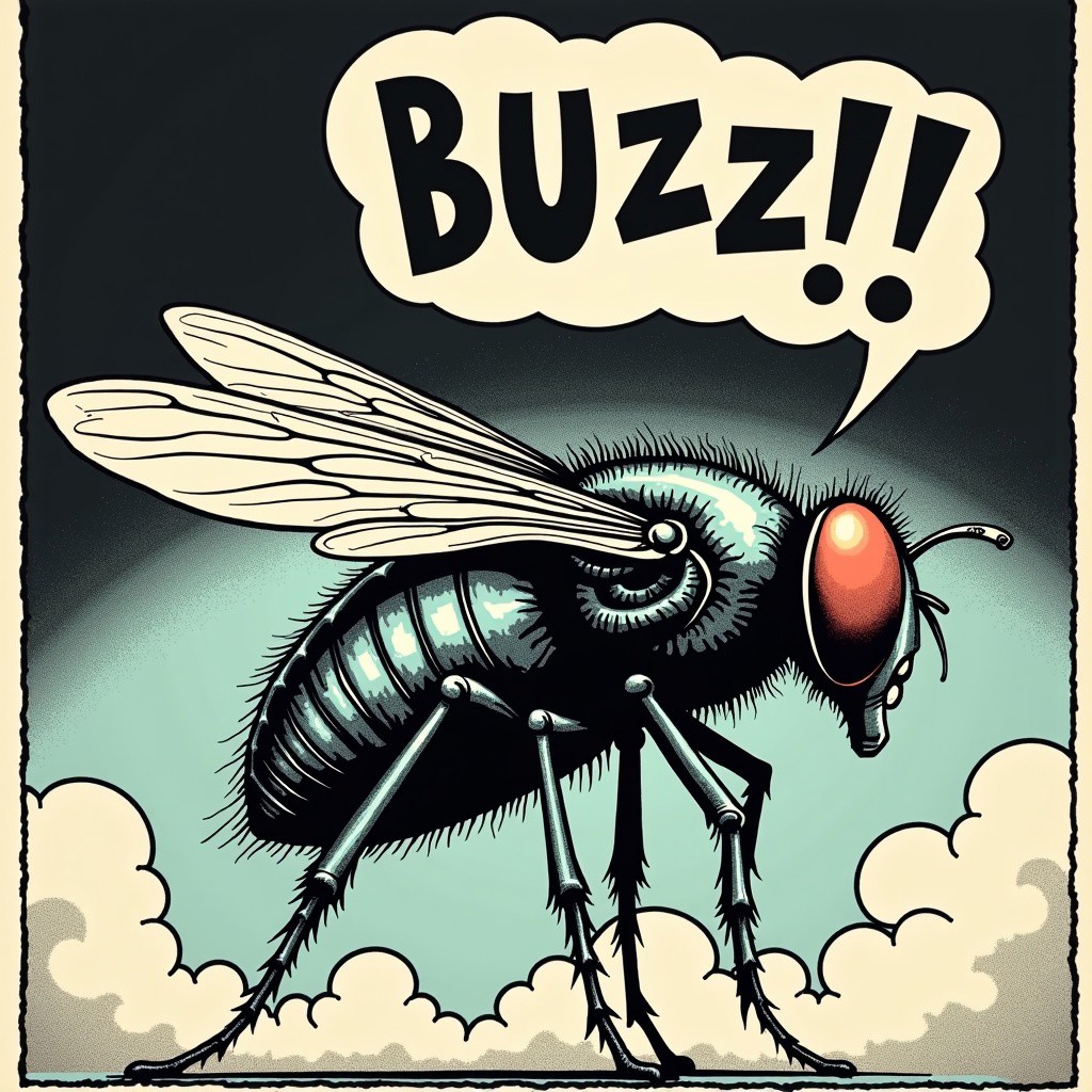 The human fly, flyer of a gig by punk legends Cramps, saying "buzzz" in a comic balloon