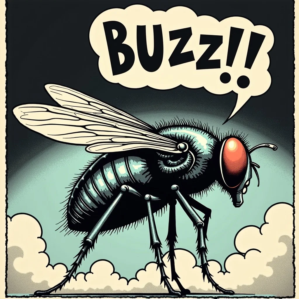 The human fly, flyer of a gig by punk legends Cramps, saying "buzzz" in a comic balloon