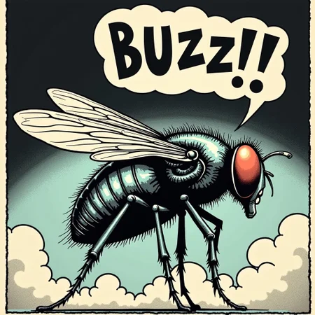 The human fly, flyer of a gig by punk legends Cramps, saying "buzzz" in a comic balloon