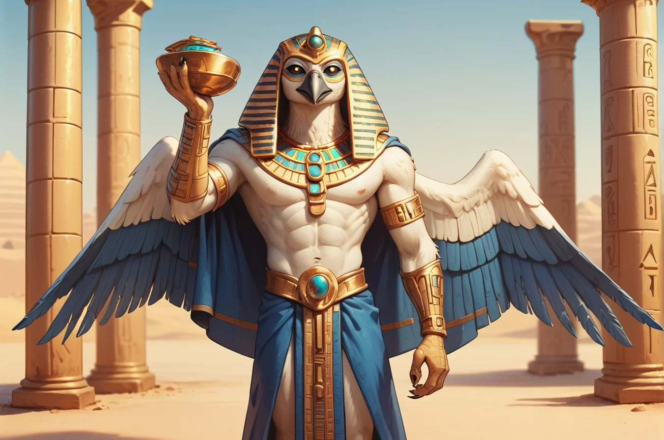 score_9, score_8_up, score_7_up, <lora:EgyptianWorldPony:1>, egyptianworld, 1man, robe, tall, skinny, avian, (bird head, beak,) black eyes, black sclera, ((white fur, white feathers)), gold and blue wings, open wings, holding ankh looking at viewer, pharaoh hood,