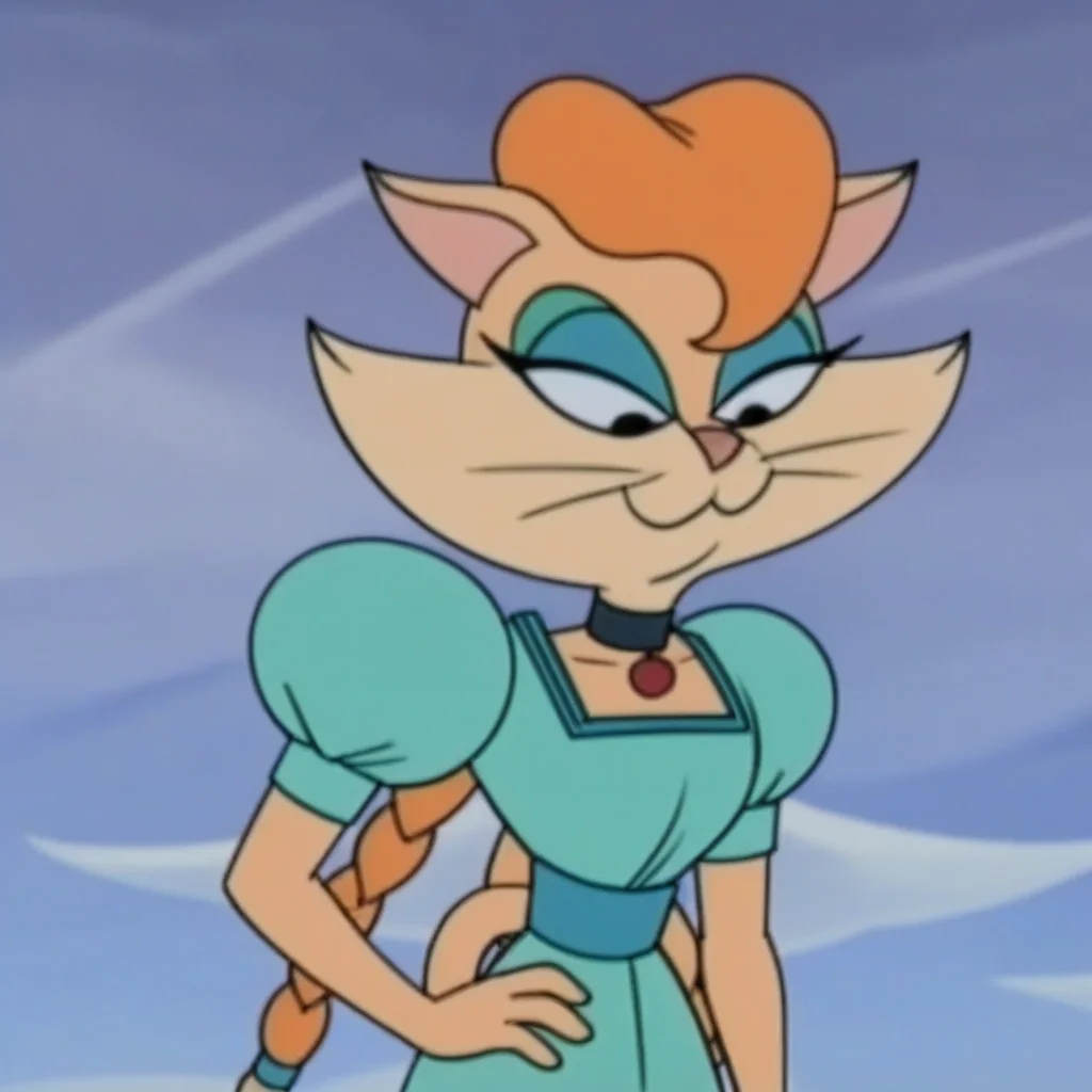 1girl, female, female furry, body fur, Princess_Tabitha_Wildcat, cat girl, puffy sleeves, cloud, long hair, animal nose, eyeshadow, looking down, black eyes, cat ears, makeup, short sleeves, choker, solo, braids, blue dress, black choker, animal ears, blue eyeshadow, closed mouth, hand on own hip, standing, dress, half-closed eyes, outdoors, furry, orange hair, sky, puffy short sleeves