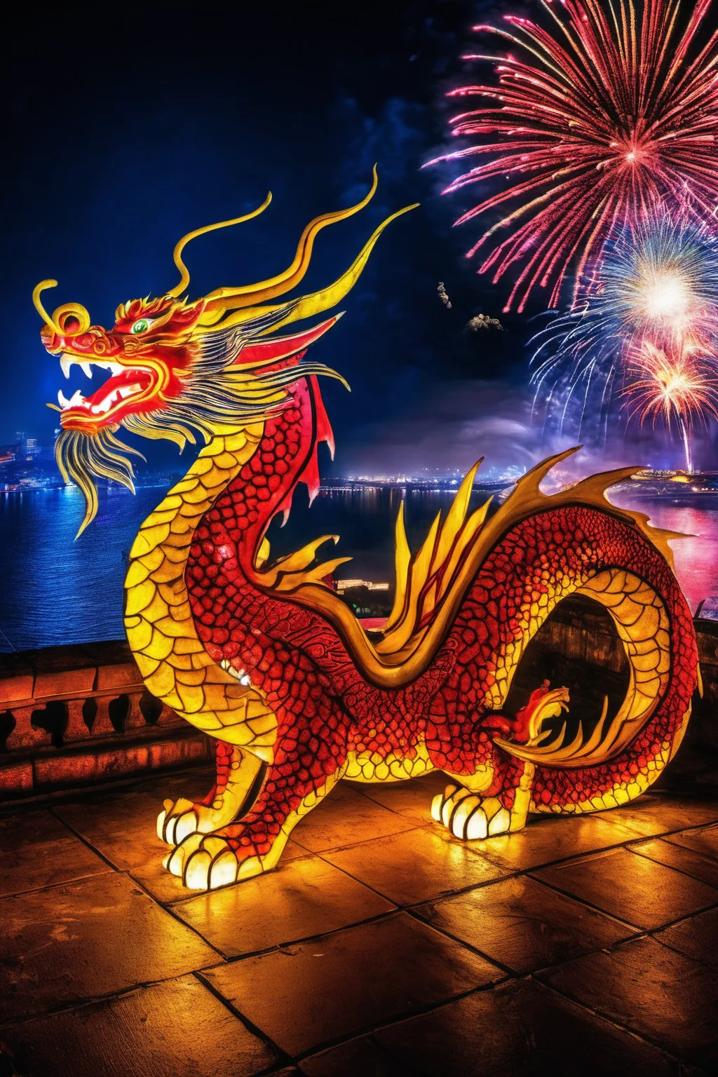 new year celebration,  art work,  red and yellow dragon,  16k,  best quality,  HDR,  night,  show people,  Fireworks 2024 on sky,  16k,  HDR,<lora:EMS-255229-EMS:0.600000>,<lora:EMS-88628-EMS:0.800000>