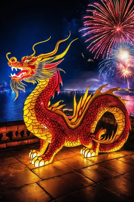 new year celebration, art work, red and yellow dragon, 16k, best quality, HDR, night, show people, Fireworks 2024 on sky, 16k, HDR,<lora:EMS-255229-EMS:0.600000>,<lora:EMS-88628-EMS:0.800000>