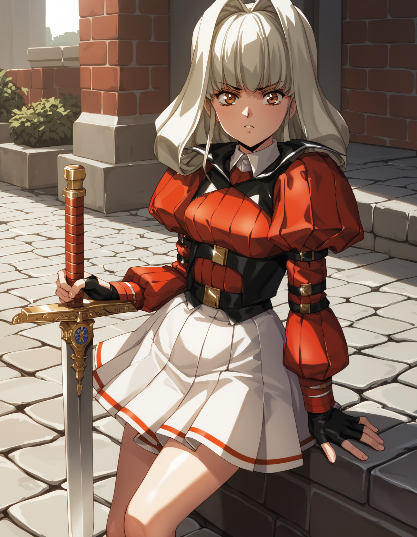 score_9,  score_8_up, score_7_up
<lora:charlone-growlanser-ponyxl-000020:1> charlone claudius, red sleeves, red shirt, juliet sleeves, microskirt, white skirt, fingerless gloves,
1girl, solo, looking at viewer, v-shaped eyebrows, intense, sword, outdoors, cobblestone