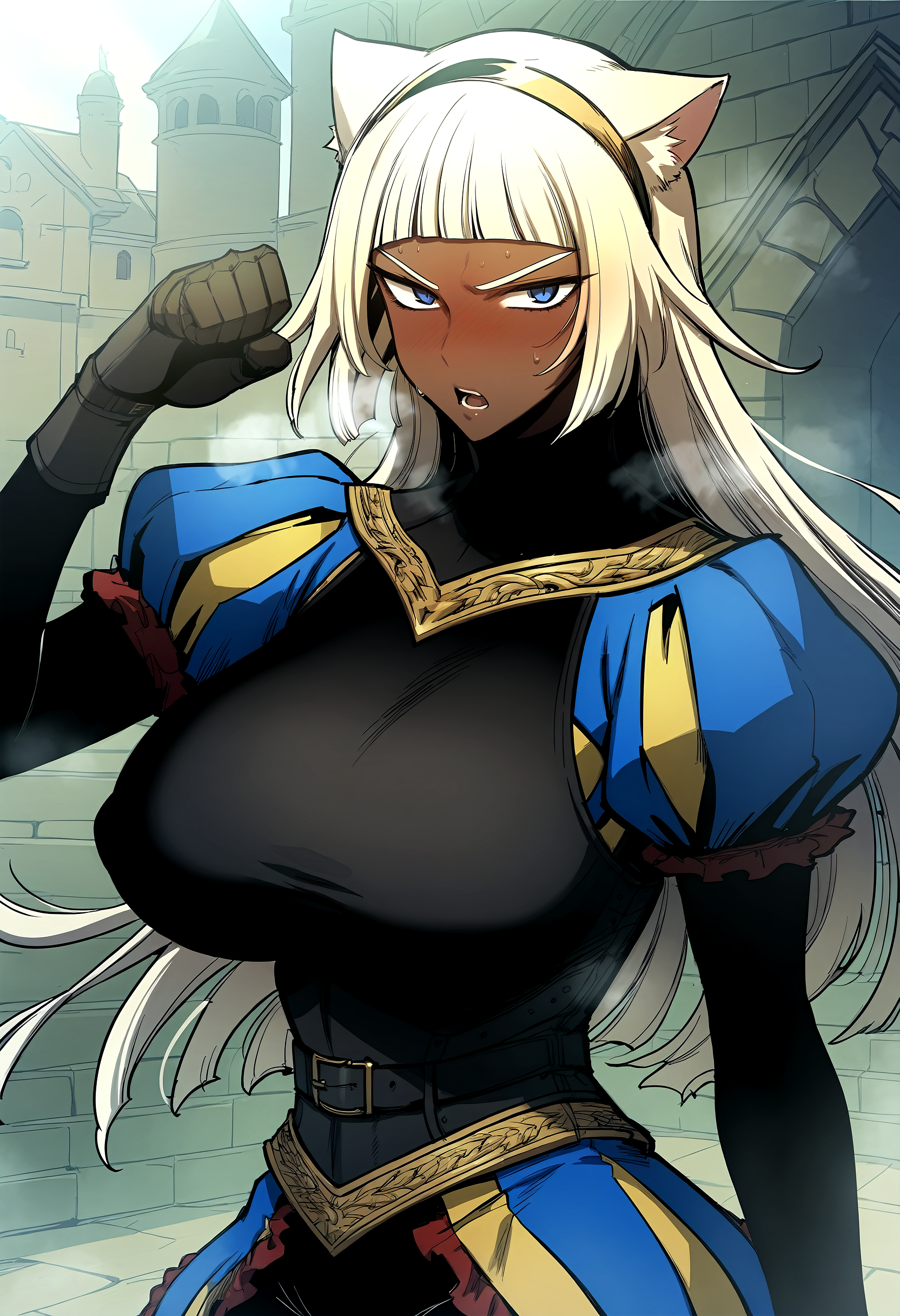 score_9, score_8_up, score_7_up, score_6_up, source_anime, rating_explicit, <lora:neg4all_bdsqlsz_V3.5:2.0>1girl, solo, huge breasts, <lora:Opheliaponyxl:1> long hair, white hair, blunt bangs, blue eyes, dark skin, dark-skinned female, gloves, puffy sleeves, belt, breastplate, armor, dress, frills, bodysuit, flustered, embarrass, open mouth, Narrow shoulders, heavy breathing, sweat, steaming body, castle, outdoor, looking at viewer, paw pose, dancing, cat ears hairband, Fist, blush face
