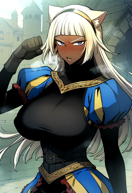 score_9, score_8_up, score_7_up, score_6_up, source_anime, rating_explicit, <lora:neg4all_bdsqlsz_V3.5:2.0>1girl, solo, huge breasts, <lora:Opheliaponyxl:1> long hair, white hair, blunt bangs, blue eyes, dark skin, dark-skinned female, gloves, puffy sleeves, belt, breastplate, armor, dress, frills, bodysuit, flustered, embarrass, open mouth, Narrow shoulders, heavy breathing, sweat, steaming body, castle, outdoor, looking at viewer, paw pose, dancing, cat ears hairband, Fist, blush face