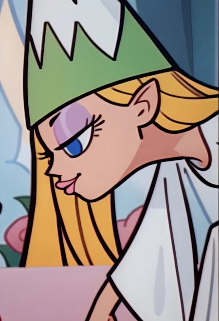 score_9, score_8_up, score_7_up BREAK QueenDD, 1girl, blonde hair, blue eyes, purple eyeshadow, pink lipstick, long-sleeved cleavaged white dress, white boots, green white princess cone hat, screenshot, official art, parody, cartoon footage, official design, screencap, cartoon screenshot, official screenshot, 2d, on model,