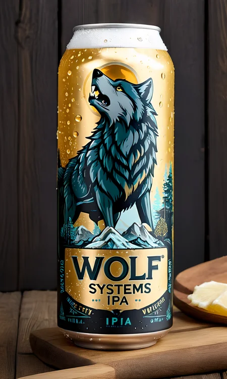 <lora:bevlabsdxl:0.9>,a beer bottle with a wolf on it, text " Wolf-Systems IPA", bevlabsdxl,  best quality, masterpiece, water droplets, logo, fancy beer, gold label