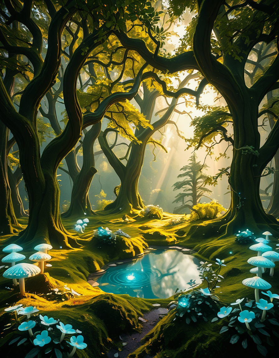A mystical enchanted forest bathed in a soft, ethereal glow. Towering ancient trees with twisted roots and bioluminescent moss create a dreamlike atmosphere. The air is filled with a faint, magical mist that swirls gently around vibrant, oversized mushrooms and glowing blue and purple flowers. Delicate fireflies and tiny floating orbs of light hover in the air, illuminating the dense foliage with a magical shimmer. A narrow, winding path covered in soft moss leads deeper into the mysterious woodland, where faint beams of golden sunlight filter through the thick canopy, casting intricate patterns on the forest floor. The colors are rich and vibrant, with deep emerald greens, soft blues, and glowing purples creating a surreal and otherworldly ambiance. The scene is highly detailed and photorealistic, capturing the textures of the moss-covered tree trunks, the luminescent flora, and the misty, dreamlike atmosphere of the enchanted forest.
<lora:SDXLFaeTastic2400:0.4> <lora:extremely_detailed:0.4> extremely detailed,<lora:3nch4nt3d_f0r3st-ill:1>,3nch4nt3d f0r3st, Masterpiece,best quality,hi res,8k,hi res,8k,award winning,(sharp focus, intricate, highly detailed),