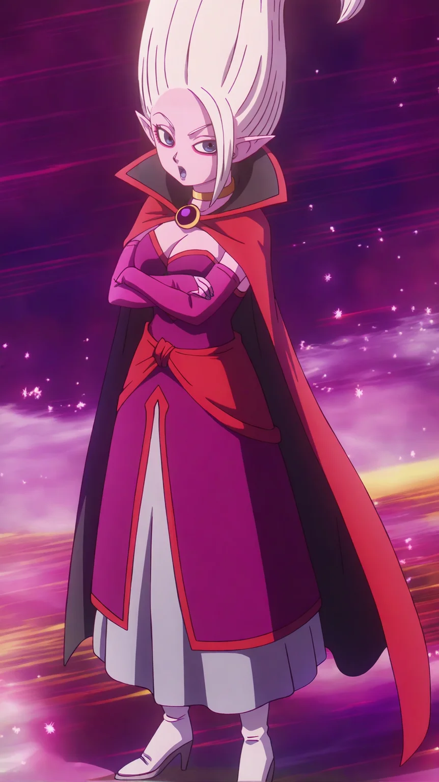 source_anime, masterpiece, best quality, amazing quality, anime screencap, high quality, 8k, absurdres, official style, bright, <lora:Dr_Arinsu_iL:1>, dr 4r1n2u, blue eyes, white hair, long hair, lipstick, purple lips, pointy ears, colored skin, dress, cleavage, medium breasts, purple sleeves, finger loop sleeves, cape, choker, skirt, boots, high heels, heels, standing, arms crossed, looking at viewer, :o