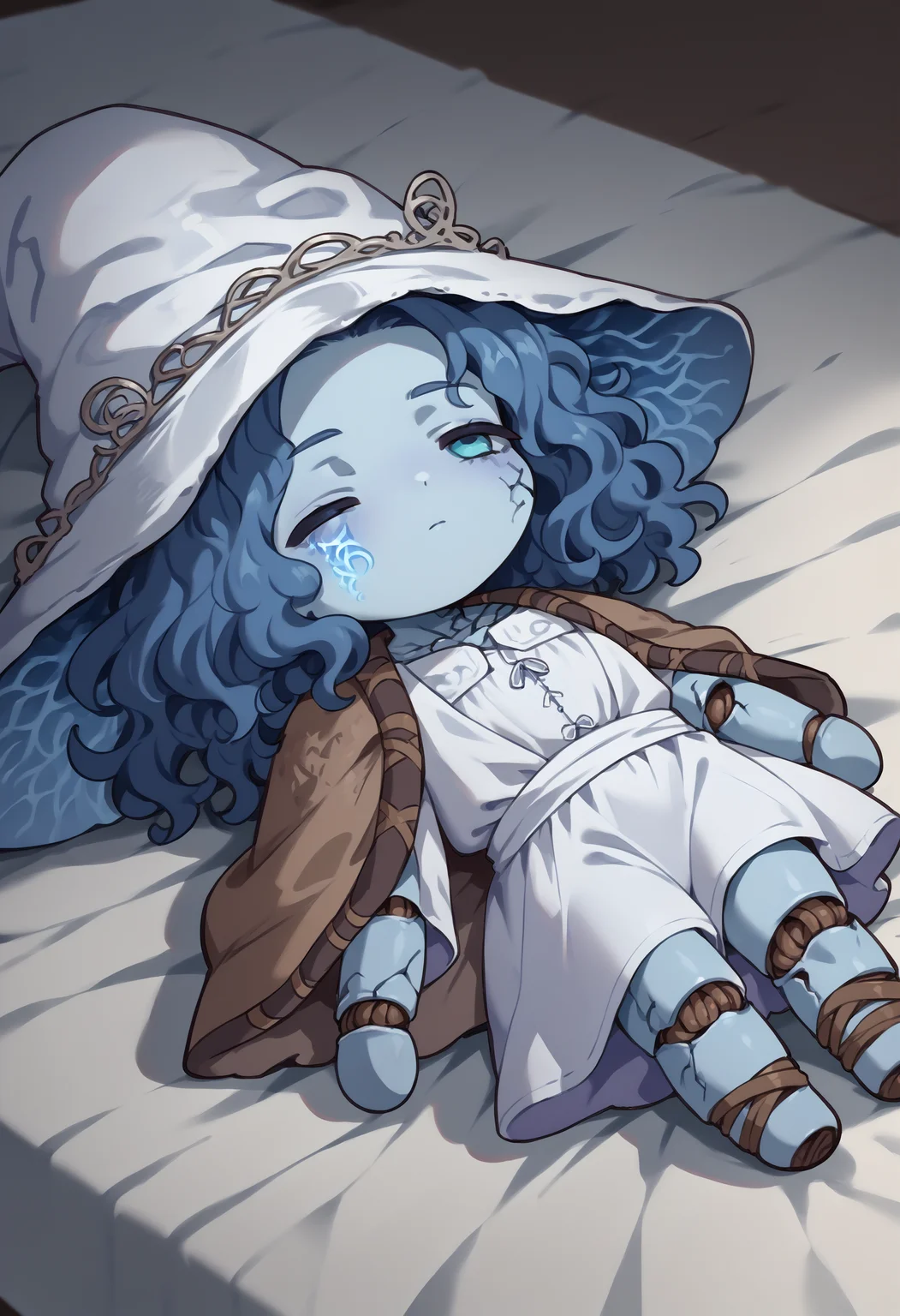 score_9, score_8_up, score_7_up, source_anime, 1girl, QiqiFallen, lying, on back, chibi, <lora:QiqiFallen_XLPD:1.2>, <lora:Ranni_XLPD_CAME:1> IncrsXLRanni, wavy hair, cracked skin, blue skin, colored skin, extra arms, extra faces, doll joints, white dress, witch hat, brown cloak