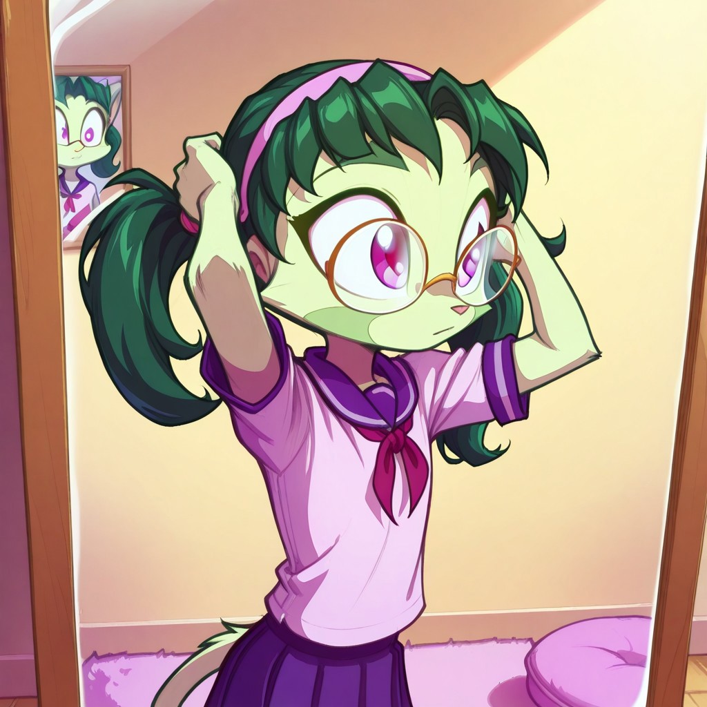 Dreamkeepers,1girl,prelude_lilith,solo,furry,tail,green hair, source_furry,glasses,magenta eyes,masterpiece, 
kid, child, 
indoors, mirror, tying_hair, twin_tails, hairband, school_uniform, focused_expression, soft_lighting, warm_colors, casual_pose, cute, cozy, detailed_background