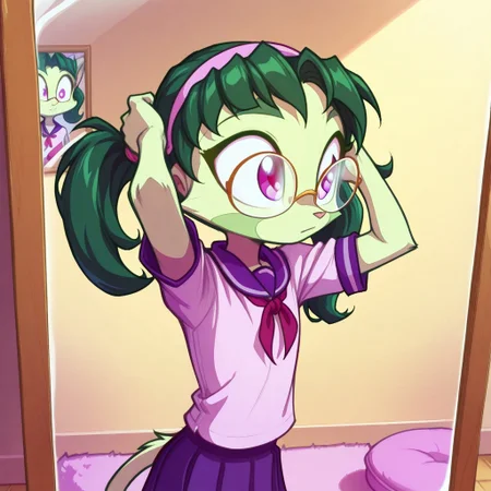 Dreamkeepers,1girl,prelude_lilith,solo,furry,tail,green hair, source_furry,glasses,magenta eyes,masterpiece,
kid, child,
indoors, mirror, tying_hair, twin_tails, hairband, school_uniform, focused_expression, soft_lighting, warm_colors, casual_pose, cute, cozy, detailed_background