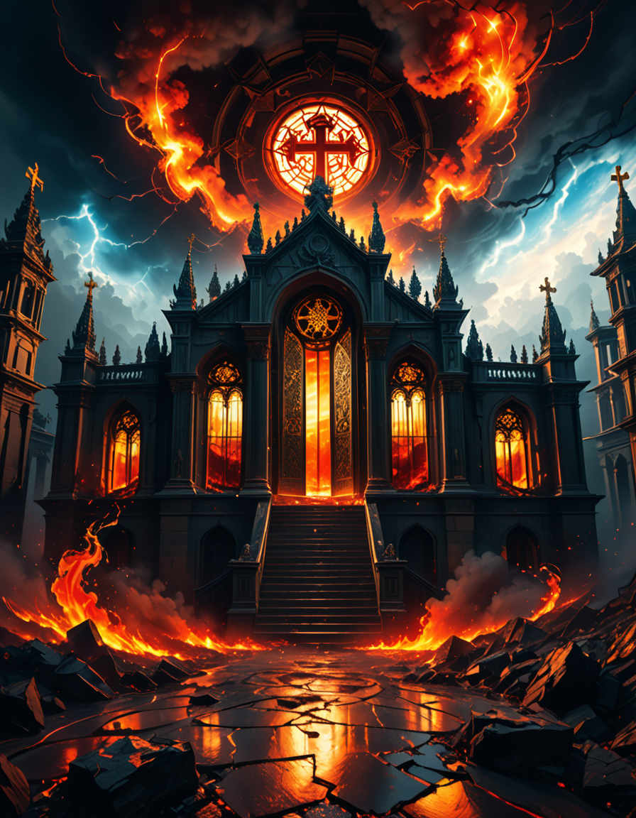 A once-majestic celestial temple, now under siege by the forces of Hell. The grand white stone structure is cracked and scorched, its golden crosses twisted and broken. The stained-glass windows, once glowing with warm divine light, are now shattered, with demonic symbols glowing ominously in their place. The sky, once a serene blue, is now consumed by dark storm clouds, swirling with red lightning and thick smoke.
Black, jagged chains extend from the sky, wrapping around the temple as if trying to pull it down into the abyss. The once-fluffy clouds beneath the structure are now a chaotic mix of fire, ash, and dark mist, with glimpses of molten lava cracks below. Infernal creatures with glowing red eyes lurk in the shadows, their silhouettes barely visible through the smoke and fire.
The temple doors are blown open, revealing an eerie red glow emanating from within, as if Hell itself is consuming the sacred space. Massive demonic runes are etched into the stone, pulsating with an unholy energy. The entire scene is bathed in a deep crimson and orange glow, giving it an apocalyptic and nightmarish atmosphere.
Style & Lighting:
- Dark fantasy, highly detailed
- Dramatic, high-contrast lighting with fiery glows
- Cinematic composition, epic scale
- Strong use of shadows, embers, and atmospheric foghighly detailed and atmospheric view from inside a massive birdcage, large enough for a human to stand inside. The cage is made of ornate, aged metal bars with intricate Victorian-style patterns, curving elegantly towards the domed ceiling. Sunlight filters through the gaps between the bars, casting long, dramatic shadows on the wooden floor. Delicate vines and small flowers have begun to grow around the bars, adding a touch of nature reclaiming the space. The background beyond the cage is blurred, hinting at a lush garden or a mysterious, abandoned mansion. The ambiance is serene yet slightly melancholic, with warm golden light illuminating dust particles floating in the air. Soft feathers are scattered on the floor, adding to the sense of quiet abandonment. The perspective makes the viewer feel as if they are inside the cage, looking outward, surrounded by both beauty and confinement. The style is highly detailed and realistic, with a cinematic and slightly surreal atmosphere.
<lora:SDXLFaeTastic2400:0.4> <lora:extremely_detailed:0.4> extremely detailed,evil celestial t3mpl3, <lora:evil_celestial_t3mpl3-p:1>, Masterpiece,best quality,hi res,8k,hi res,8k,award winning,(sharp focus, intricate, highly detailed),
