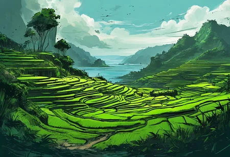 island landscape concept art, ((Philippines rice terraces)), (((coast, ocean))), ((battlefield, war, explosions, concrete bunkers)), green and blue tones, black tones, dark tones, scifi features, deep shadows, ((graphic novel sketch, black sketch lines, low-key cinematic lighting, thick ink outlines, digital oil painting, posterized, cel shading, vector illustration, tenebrism, bold brush strokes, subtle colors))