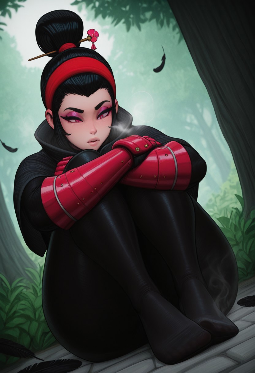 picturd,  outdoors, undershirt, falling feathers, black bodysuit, hair stick, hugging own legs, , gauntlets,   eyeshadow,   red gloves,  high ponytail,  , black capelet, red hairband, pink eyes, 1girl, solo, feet, visible breath,   dynamic angle, foreshortening, smell, steam,