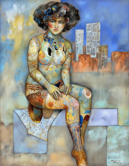 Art by Tigran Matulian. A painting, solo, abstract expressionism, abstract art, portrait of a seated figure, seated in a contemplative pose, with a colorful, textured background featuring a mix of pastel colors including blue, yellow, orange, and green. the figure, a woman, appears to be in her mid-twenties, sitting in the middle of the image, with her upper body facing the viewer. she has an afro hairstyle and is wearing a form-fitting, colorful outfit with intricate patterns. her hair is styled in a voluminous, curly manner, and her eyes are not visible due to her facial expression. her body is slim, and she has a neutral expression. she is seated with her legs crossed and her hands clasped together in front of her. the background features a cityscape with tall buildings and a blue sky, and the figure is surrounded by a soft, dreamy atmosphere. the style is reminiscent of modern art with a focus on texture and depth, creating a sense of depth and dimensionality.