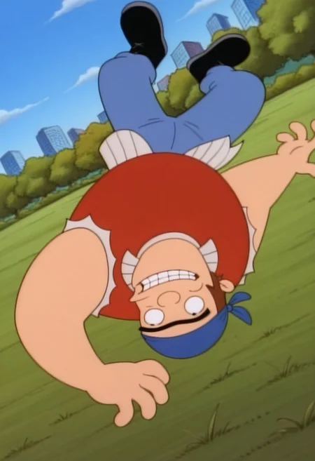 source_cartoon, score_9, score_8_up, score_7_up, High Quality, perfect body, torvald, 1boy, solo, blue bandana, brown hair, black eyes, unibrow, thick eyebrow, big body, red sleeveless shirt, ripped jeans, blue pants, black boots, park, blue sky, grass, simple style, dynamic pose, dynamic view, dynamic Angle, smile,.