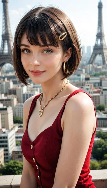 score_9, score_8_up, score_7_up, Raw Photo, Portrait, Nadia la Arwall, cute, seductive, innocent, light smile:0.3, plump lips, slender body, black hair, bob cut, caramel tan skin, green eyes, gold necklace, strapless red vest, gold hoop earrings, two hair clips on the sides, Eiffel Tower background, depth of field, dynamic angle, photo realistic:1.4, realistic skin:1.4, fashion photography, sharp, analog film grain, hyperdetailed:1.15