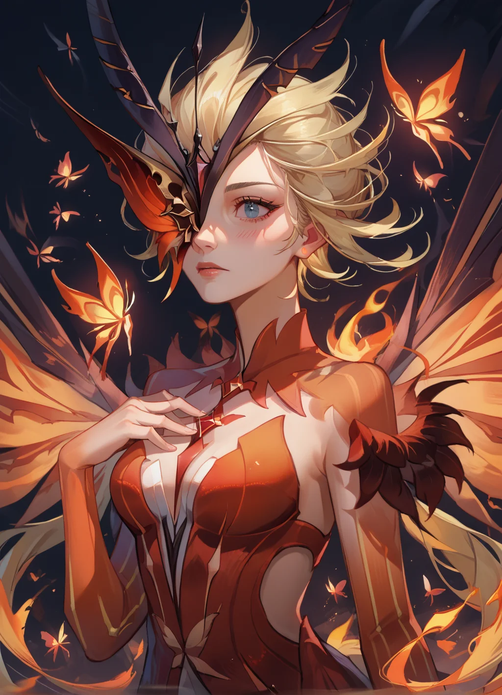 of score_9, score_8_up, score_7_up, source_anime,upper body, fire, blush, hand on the chest, hand up, butterflies, upper body, solo, 1girl, signorawitch, mask, blonde hair,one eye,wings, <lora:signorawitch:0.8>