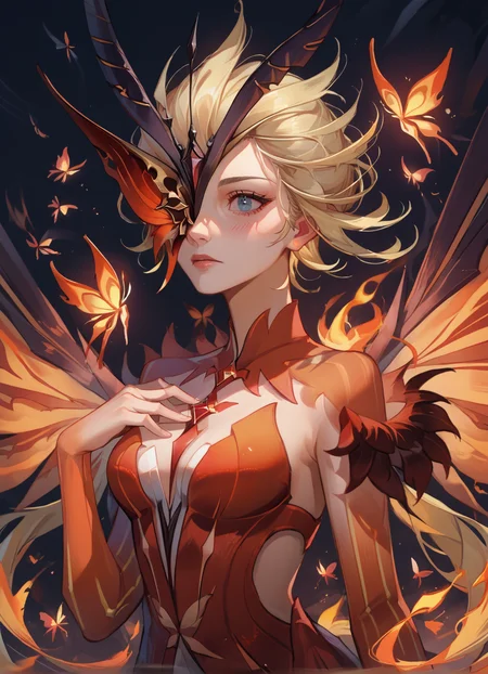 of score_9, score_8_up, score_7_up, source_anime,upper body, fire, blush, hand on the chest, hand up, butterflies, upper body, solo, 1girl, signorawitch, mask, blonde hair,one eye,wings, <lora:signorawitch:0.8>
