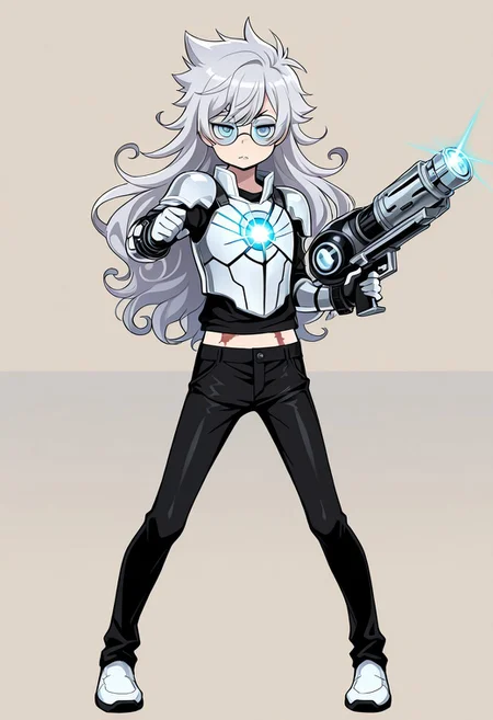 score_9_up, score_8_up, score_7, score_6_up, detailed, high_quality, source_anime, best quality, masterpiece, high detail, vibrant colors, best quality rendering, intricate details, high resolution, best render quality, official art, simple background, 1boy, snarling, confused, <lora:0hu_ton:.5> 0huton_illu , <lora:gaku:.5>, <lora:Homestuck2_style:.1> Homestuck^2_style, <lora:tsubura:.4> , silver hair, long hair, curly hair, solo,looking at viewer, blue googles, wearing googles, dynamic lights, iron man, suit of armor, techonological white armor, black pants, spiky bracelet, canon blaster, fighting stance [: glowing scar, midriff, :0.2], <lora:lunatic_Yokai-style:1> lunatic_yokai, close view,