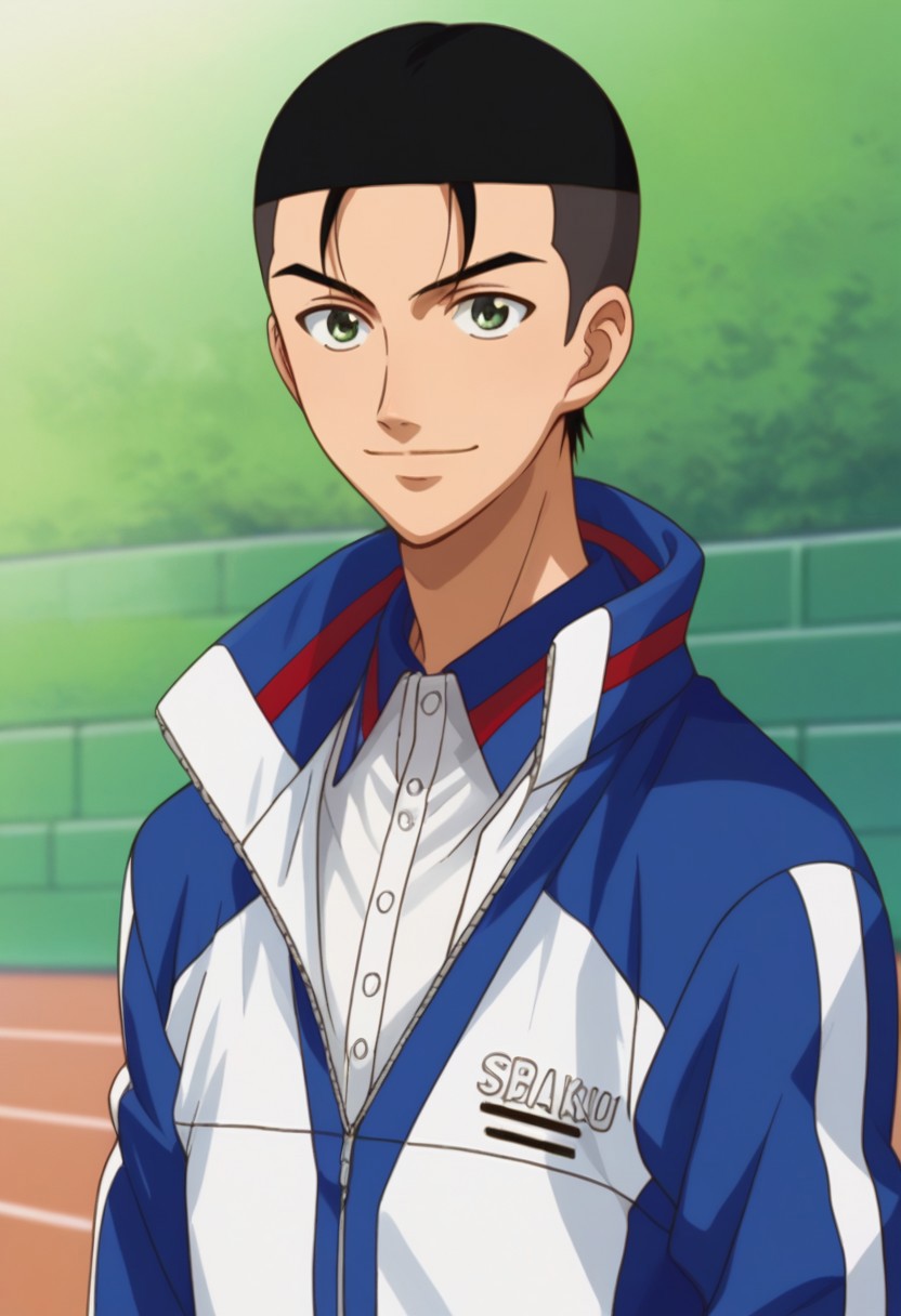 score_9, score_8_up, score_7_up, source_anime, highly detailed, 
shuichiro, 1boy, male focus, solo, black hair, very short hair, green eyes, sportwear, green eyes, jacket, track jacket, upper body, smile
outdoor,