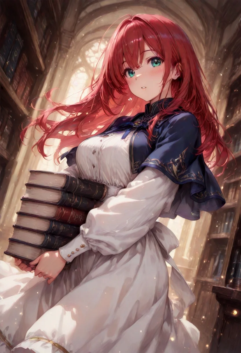 masterpiece, best quality, Watercolor painting, 1girl, solo, Hizuki Yui, hair flowing through wind, capelet, elegant dress, puffed sleeves, 3/4 length sleeves, high collar, ribbon, carrying large stack of books, lots of books stacked over, looking at viewer, parted lips, blush, headtilt, very cute, about to loose balance, dutch angle, dynamic angle, from side, closeup, dynamic pose, fantasy library, magical, magical particles,