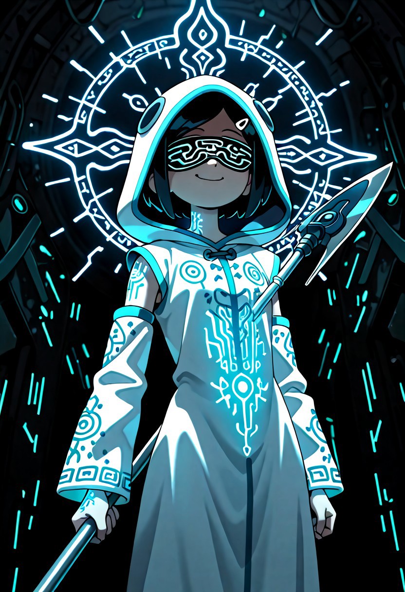 1gril, solo, Marcy, black hair, short hair, hairclip, dynamic angle, cowboy shot, action pose, glowing (circuit tattoo:1.2), robe, detached sleeves, hood up, noble, simulator, blindfold, covered eyes, shaded face, smug,  holding polearm, sanctuary, runes, (electricity:0.5), over technology, geometry, white theme, polarized, chromatic aberration, disintegration effect, (abstract expressionism:0.6), fantasy, science fiction, future, ancient, masterpiece, best quality, amazing quality, very aesthetic, absurdres, newest, <lora:circuit_tattoo:1>