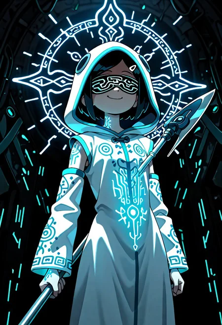 1gril, solo, Marcy, black hair, short hair, hairclip, dynamic angle, cowboy shot, action pose, glowing (circuit tattoo:1.2), robe, detached sleeves, hood up, noble, simulator, blindfold, covered eyes, shaded face, smug, holding polearm, sanctuary, runes, (electricity:0.5), over technology, geometry, white theme, polarized, chromatic aberration, disintegration effect, (abstract expressionism:0.6), fantasy, science fiction, future, ancient, masterpiece, best quality, amazing quality, very aesthetic, absurdres, newest, <lora:circuit_tattoo:1>