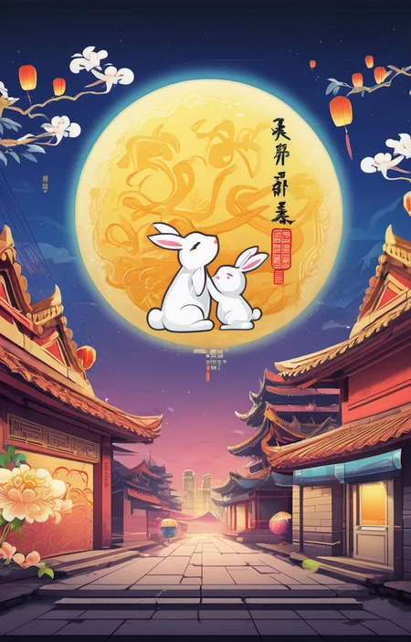 graffiti style masterpiece,best quality,<lora:zqhb-000009:0.8>,scenery,bunny,east_asian_architecture,full_moon,poster design,night_sky,border,say,put the mooncakes on the plate, . street art, vibrant, urban, detailed, tag, mural
